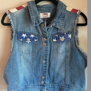 Vintage L.E.I. American Flag Denim Vest – Festival / 4th of July – L
